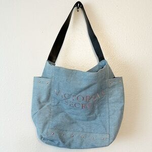 Victoria’s Secret denim tote bag rose gold metallic logo and studs side pockets